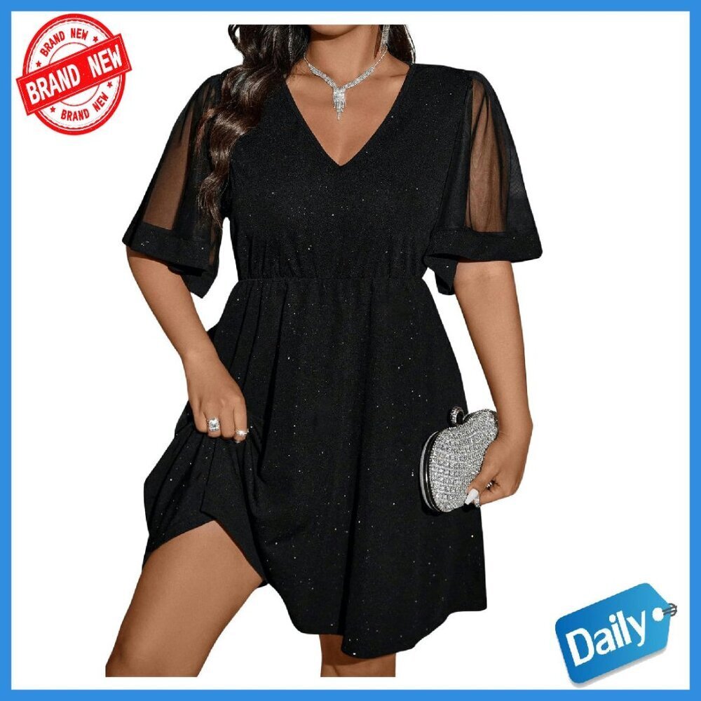 Plus Size V Neck Glitter Flared Hem A Line Dress Half Sleeve